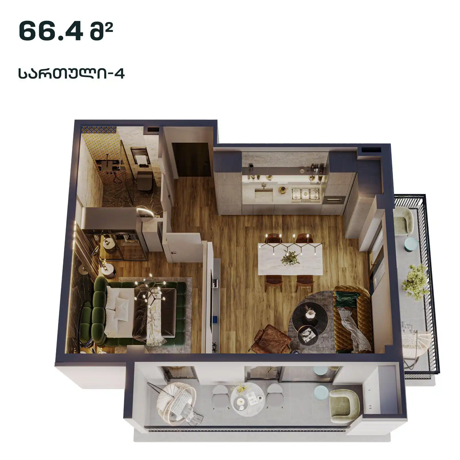 3 ოთახიანი სტუდიოს ტიპის ბინა